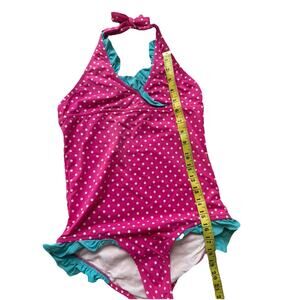 Garnet Hill Kids Girls' Sz 14 Ruffle-Trimmed Halter One-Piece Swimsuit Pink